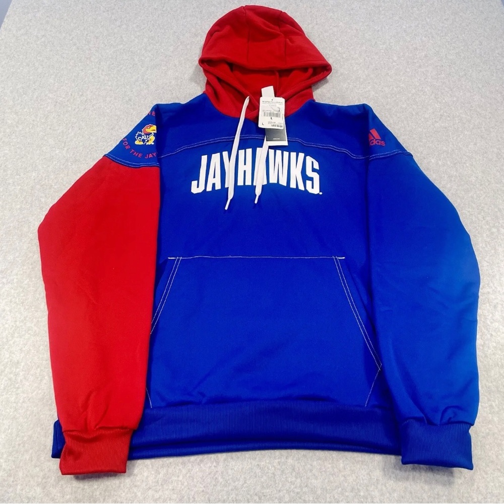 Adidas Kansas Jayhawks Sweater Hoodie Mens 2XL Blue Red Colorblock Pullover - Picture 7 of 8